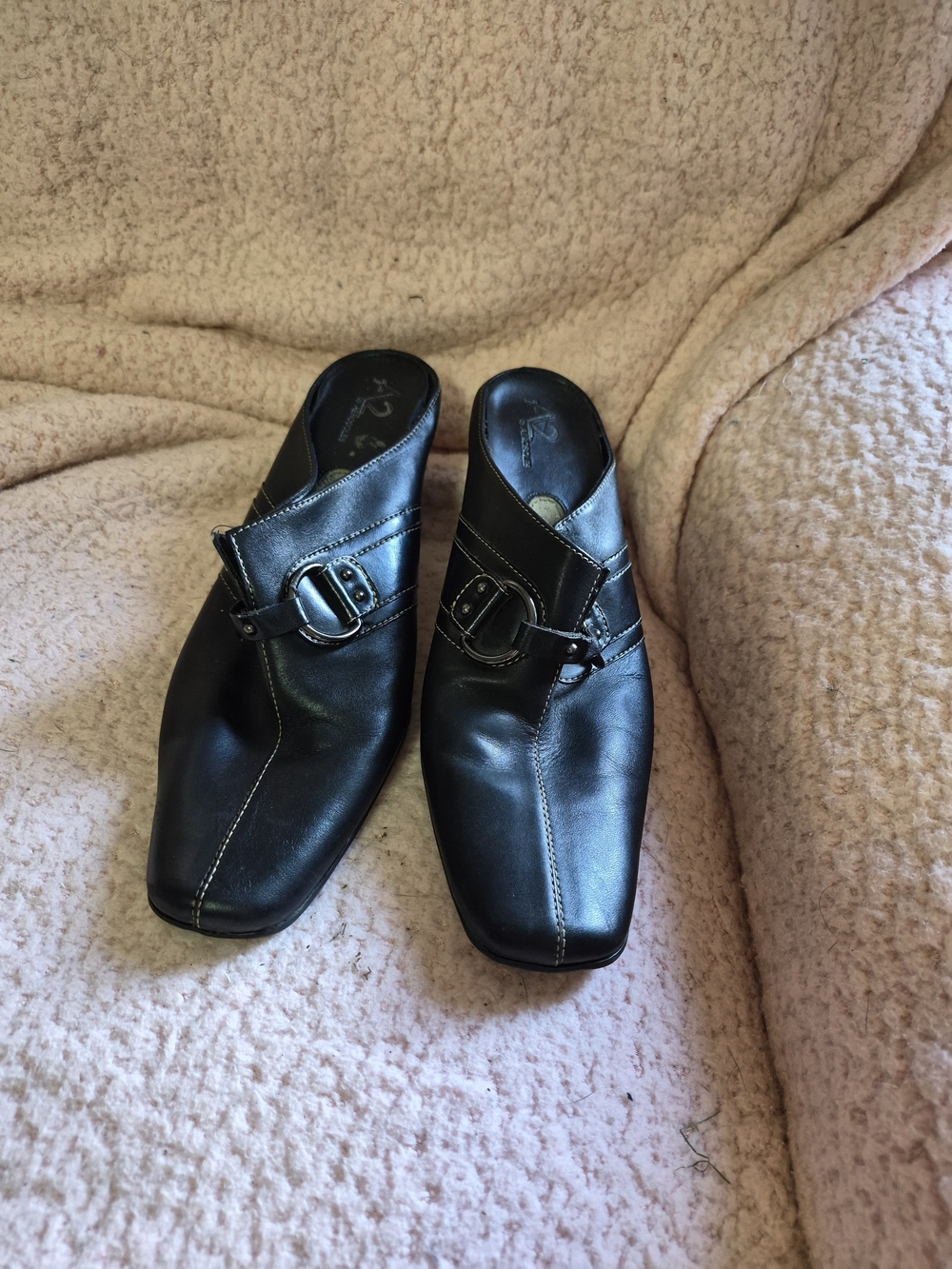 AEROSOLES Black Leather Slip-On Mule with Decorative Buckle